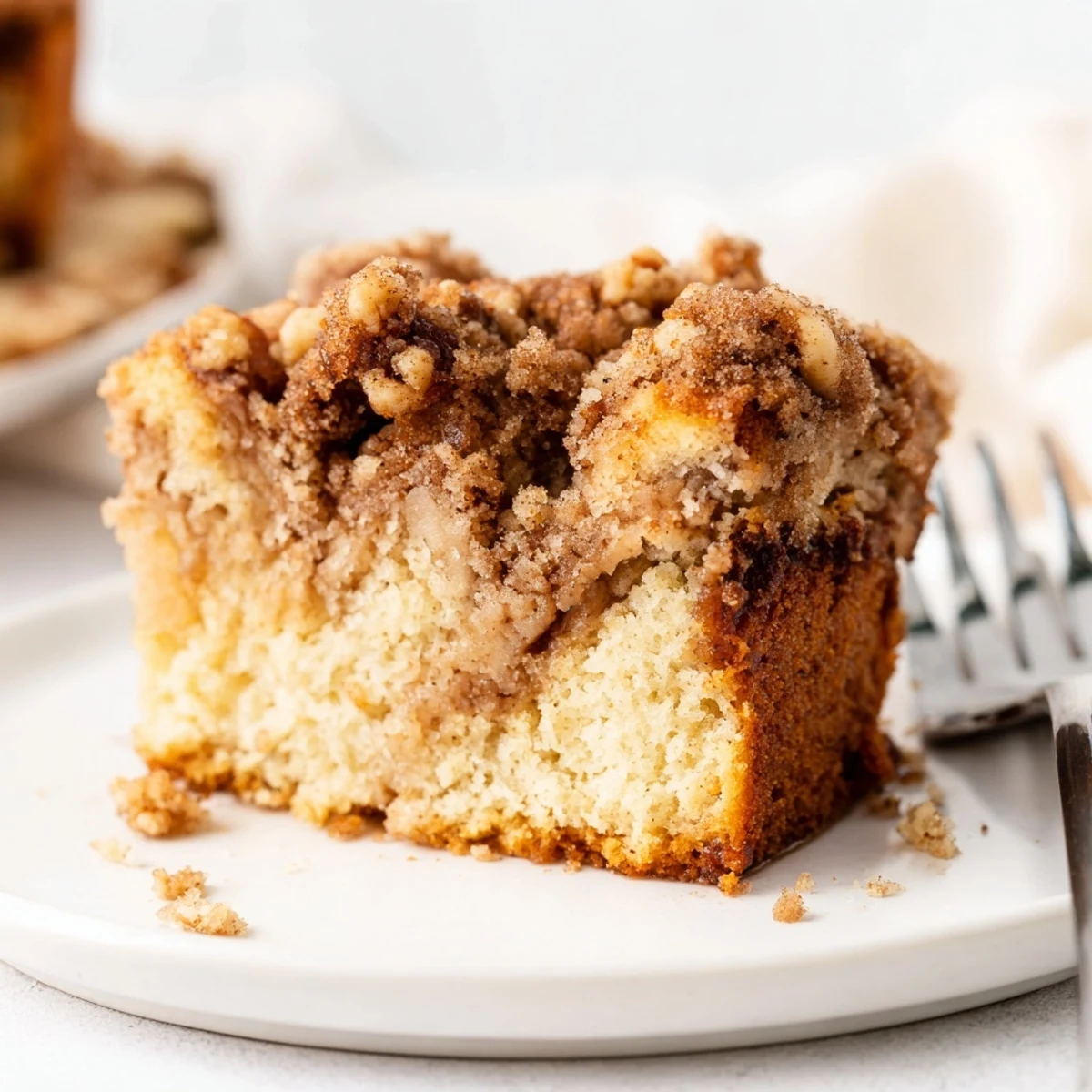 Moist Cinnamon Streusel Coffee Cake topped with crunchy crumb and warm spices.