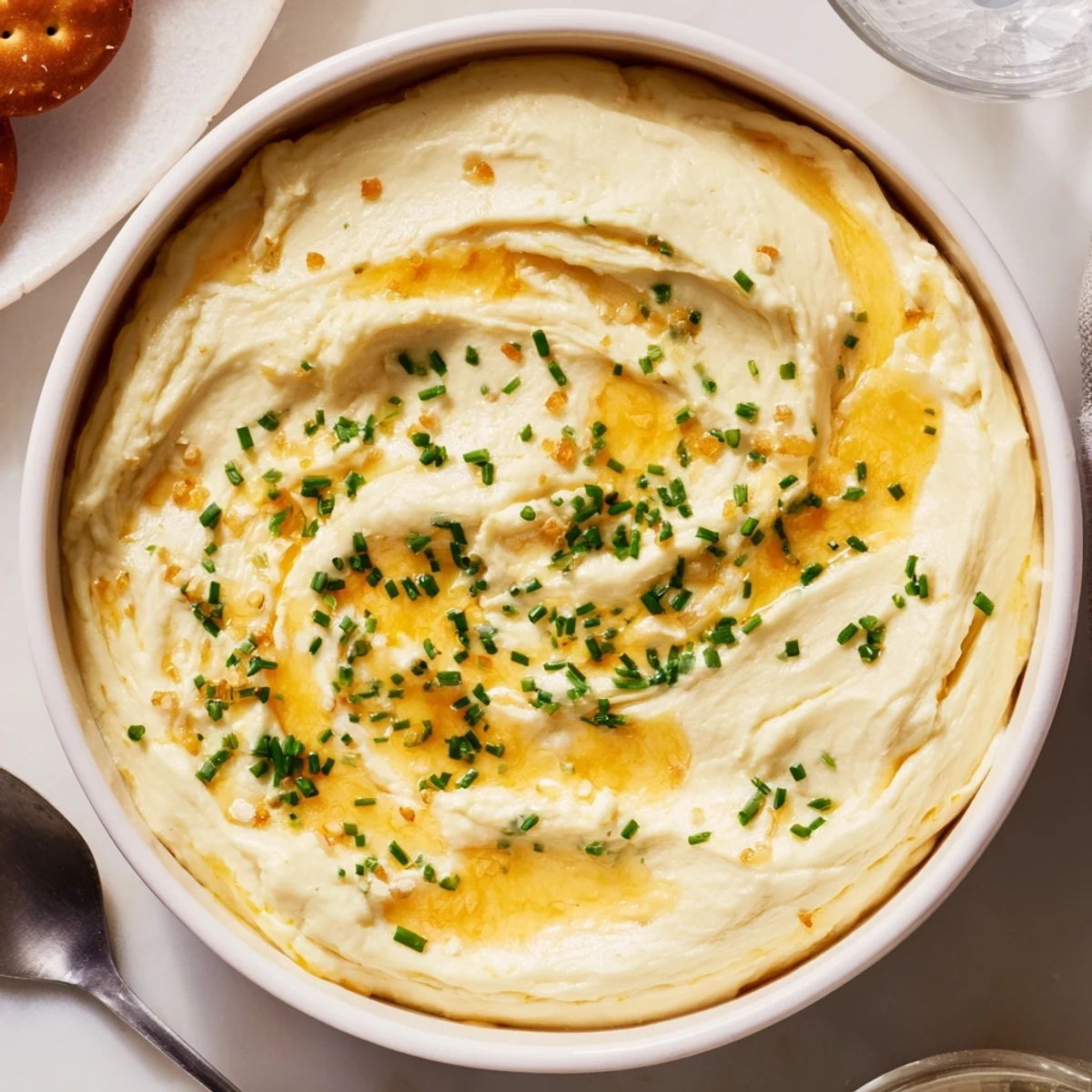 Creamy Bavarian Beer Cheese Dip served with soft pretzels and chives.