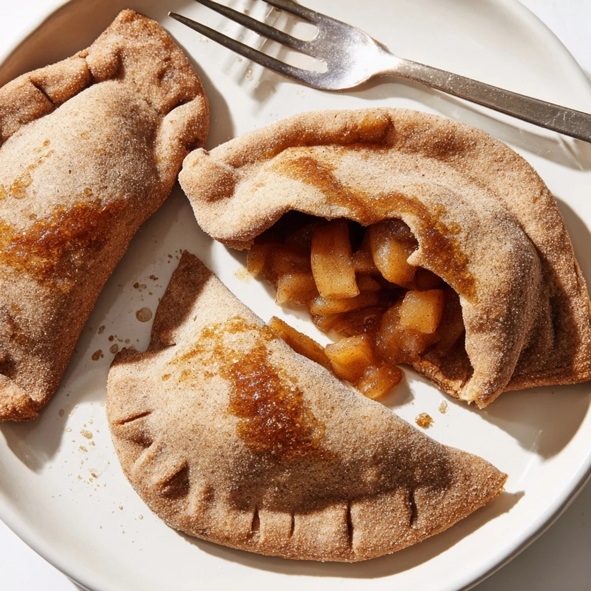 Warm Rustic Rye & Apple Dumplings served with vanilla sauce for a comforting dessert.