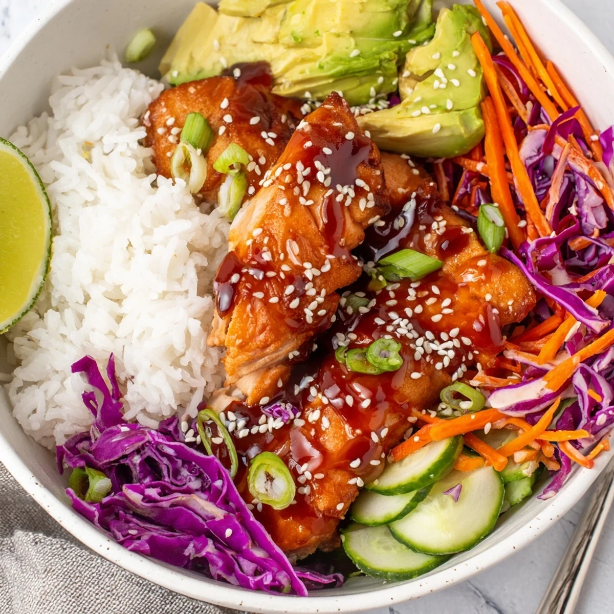 Glazed soy-maple salmon rice bowls topped with fresh vegetables and avocado slices.