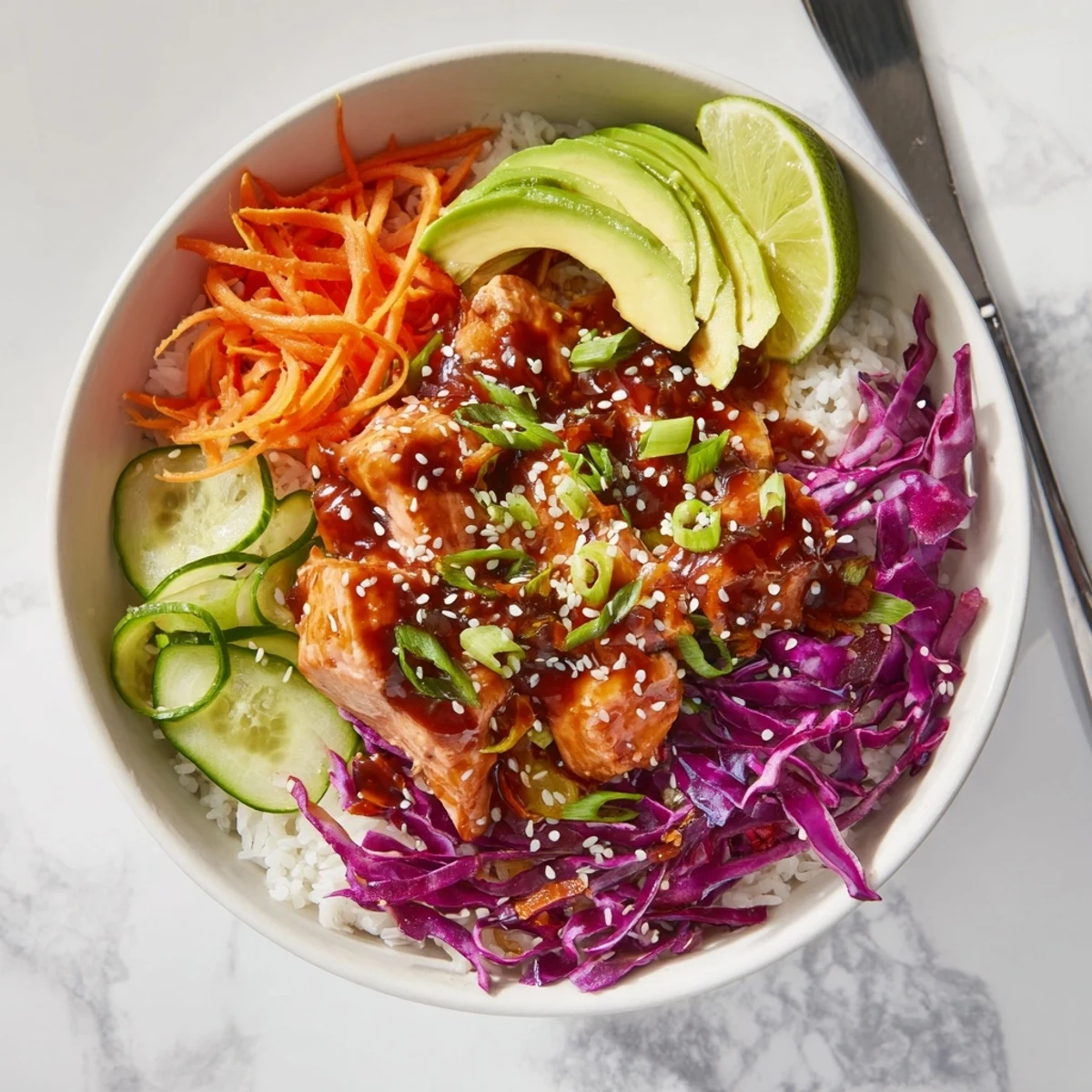 Savory soy-maple salmon resting atop jasmine rice with colorful carrots and cabbage.
