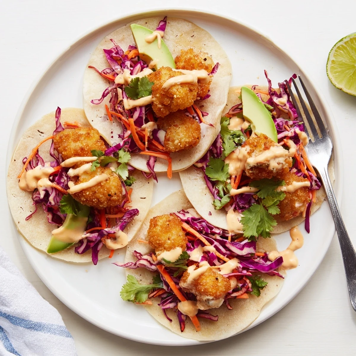 Vibrant tempura cauliflower taco bites nestled in warm tortillas with zesty slaw.