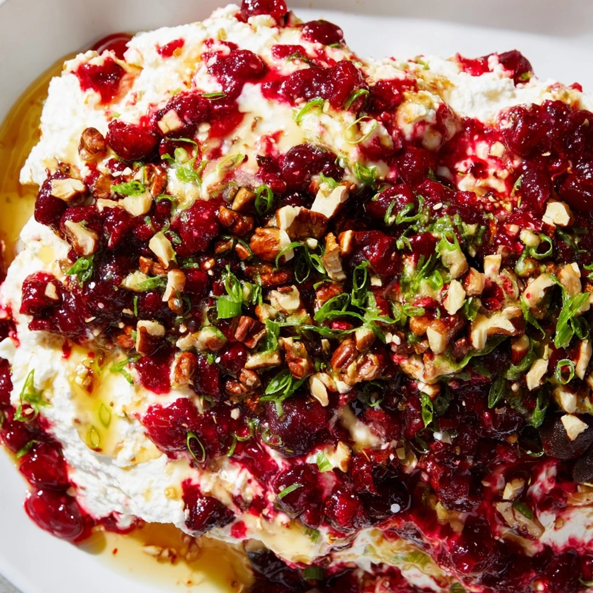 Vibrant cranberry jalapeño dip with honey drizzle, perfect for festive gatherings.