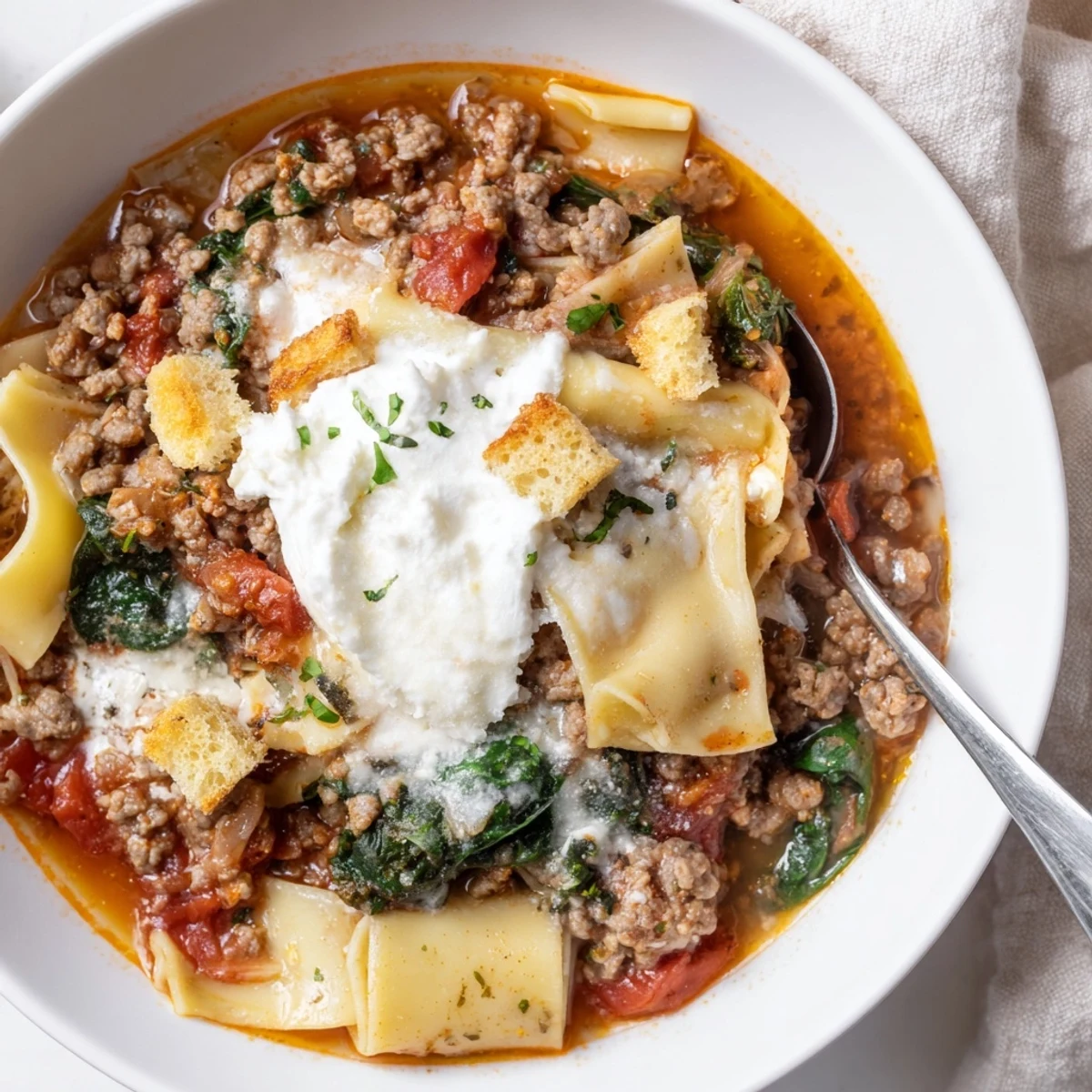 Savory Lasagne Soup enriched with cheese and roasted garlic croutons for a delicious meal.