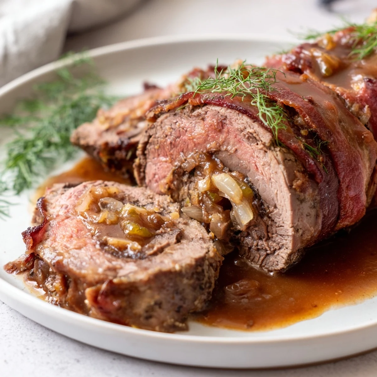 Juicy Hearty Beef Rouladen filled with bacon, pickles, and savory gravy.  