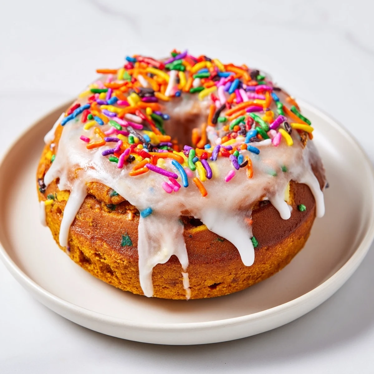 Soft Funfetti Pumpkin Muffin Donuts glazed with vanilla and colorful sprinkles.