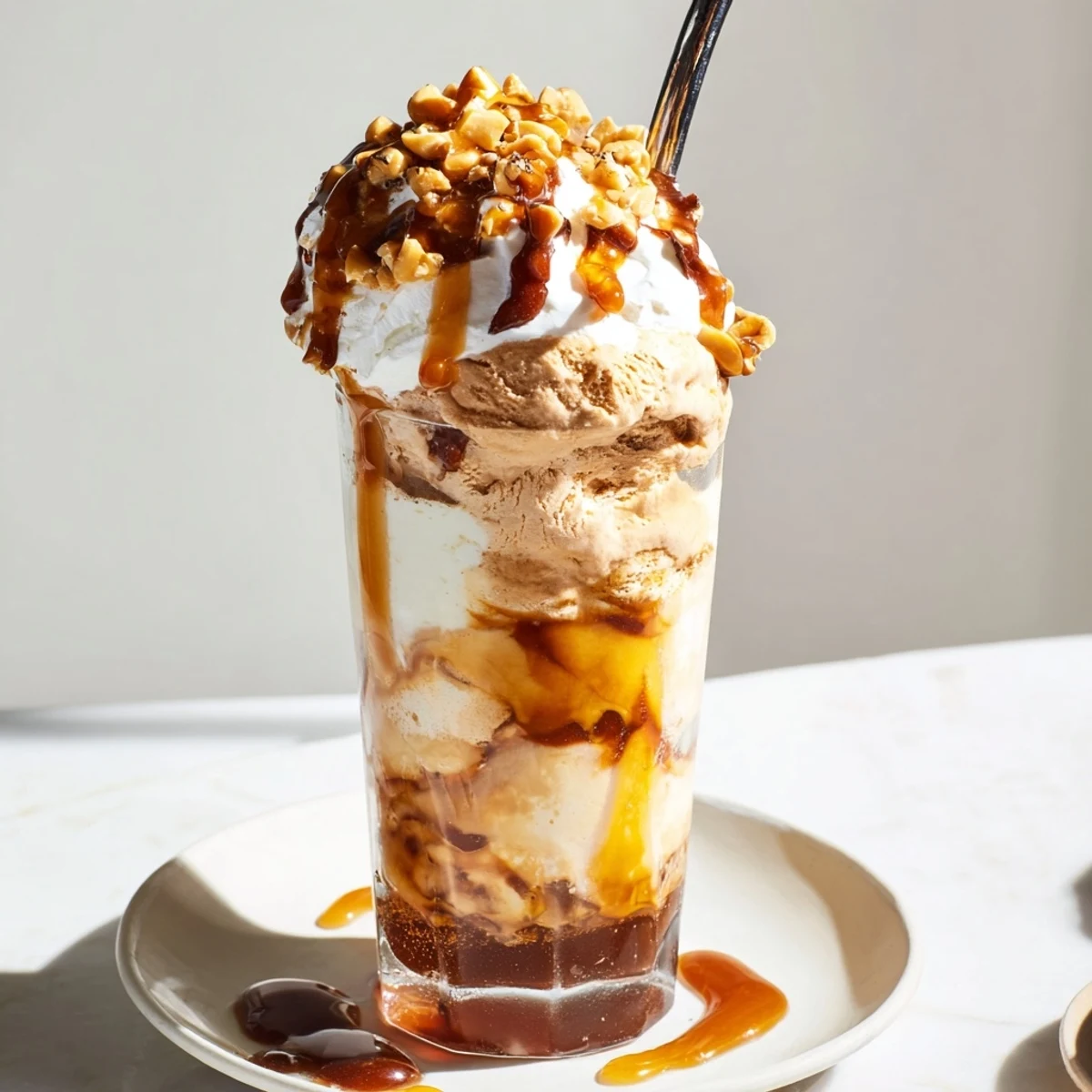 A decadent Peanut Butter Bourbon Soda Float topped with whipped cream and chopped peanuts.
