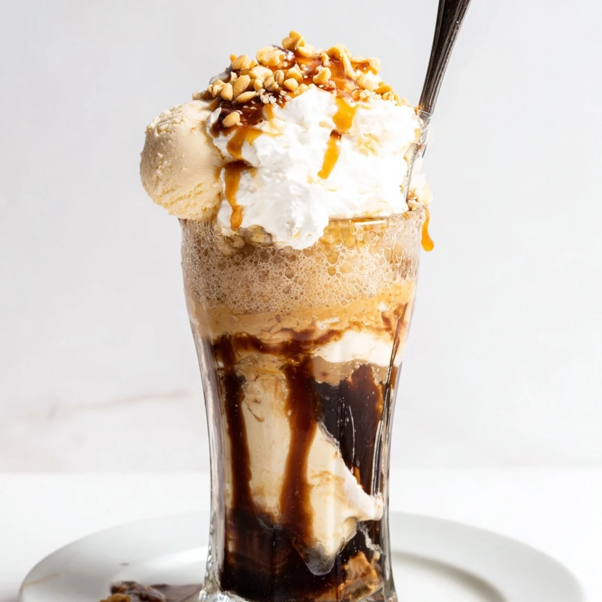 Rich and frosty Peanut Butter Bourbon Soda Float drizzled with chocolate for extra sweetness.