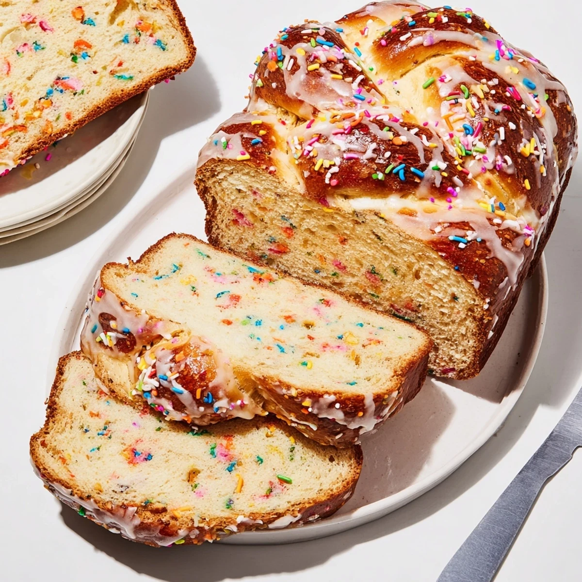 Whimsical Birthday Cake Pretzel Loaf adorned with colorful sprinkles and golden crust.