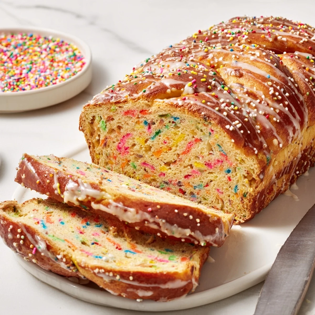 Freshly baked Birthday Cake Pretzel Loaf topped with sprinkles and flaky sea salt.