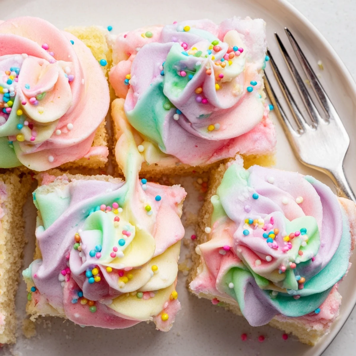 Moist Not-So-Perfect Birthday Sheet Cake topped with colorful swirls and sprinkles.