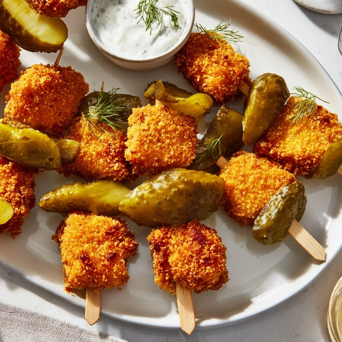 Crispy Pickle Popcorn Chicken Skewers served with zesty ranch dipping sauce.