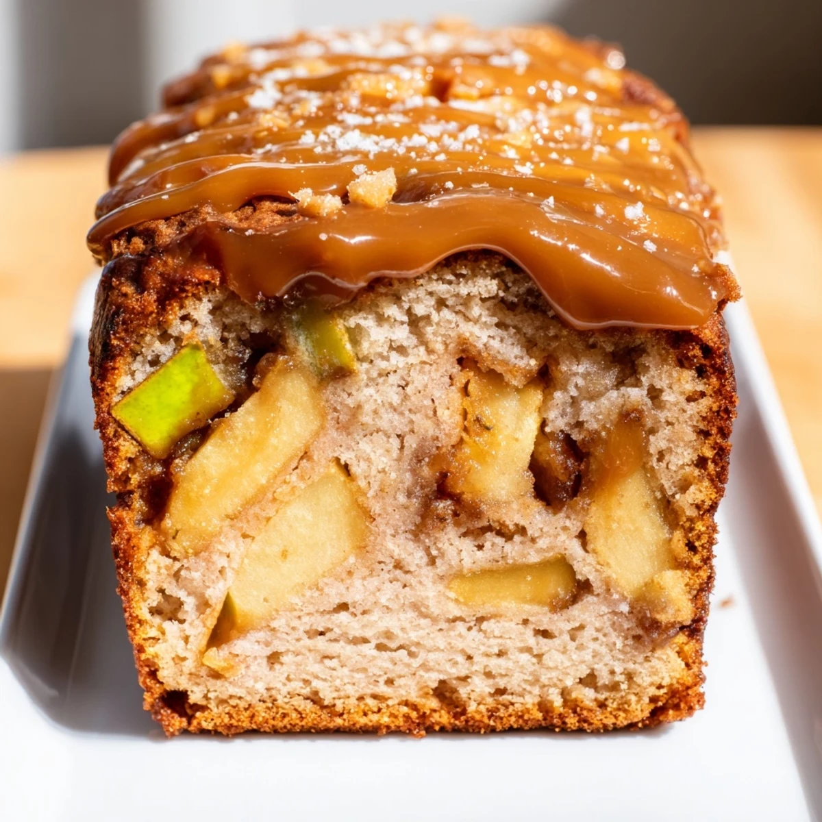Moist salted caramel apple fritter loaf drizzled with rich caramel glaze.