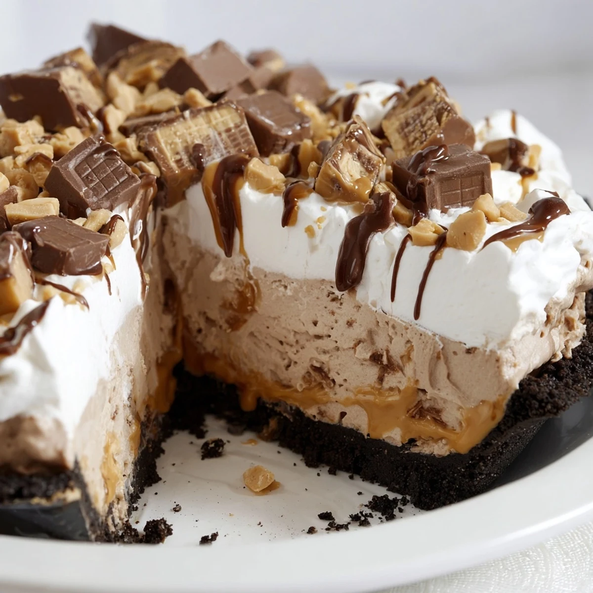 Decadent Snickers Soda Float Pie topped with caramel, chocolate, and peanuts.