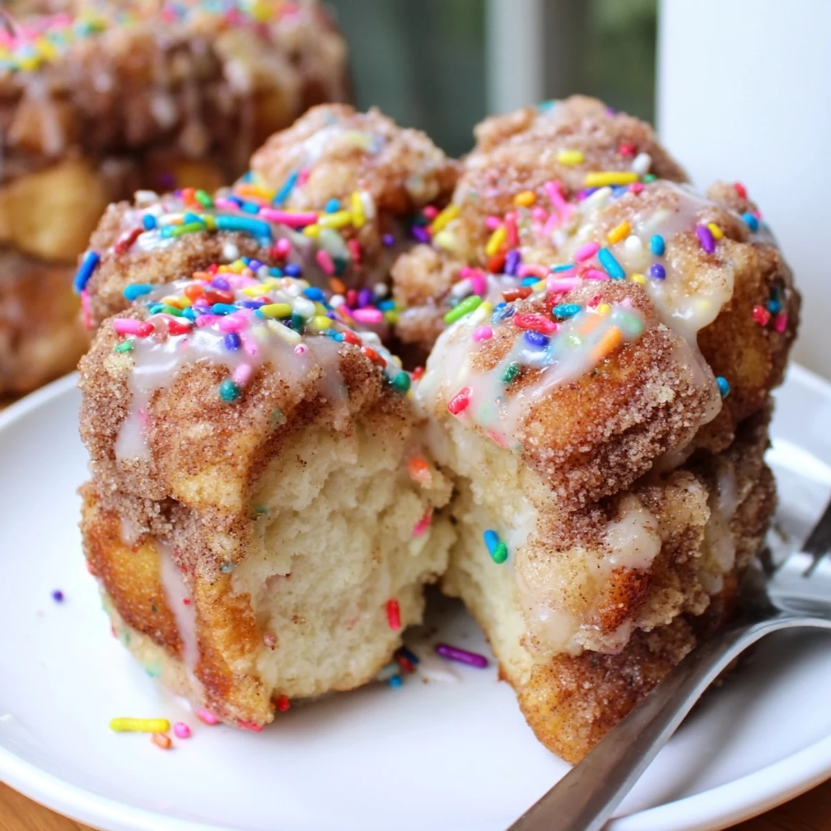 Colorful Funfetti Coffee Cake Monkey Bread drizzled with glaze and rainbow sprinkles.