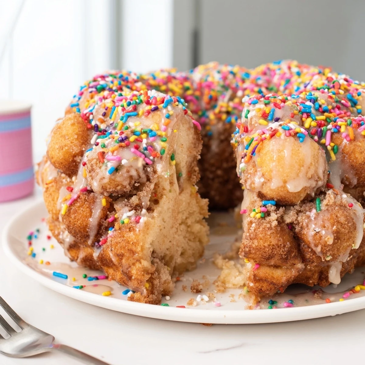 Deliciously soft Funfetti Coffee Cake Monkey Bread topped with sweet vanilla icing.