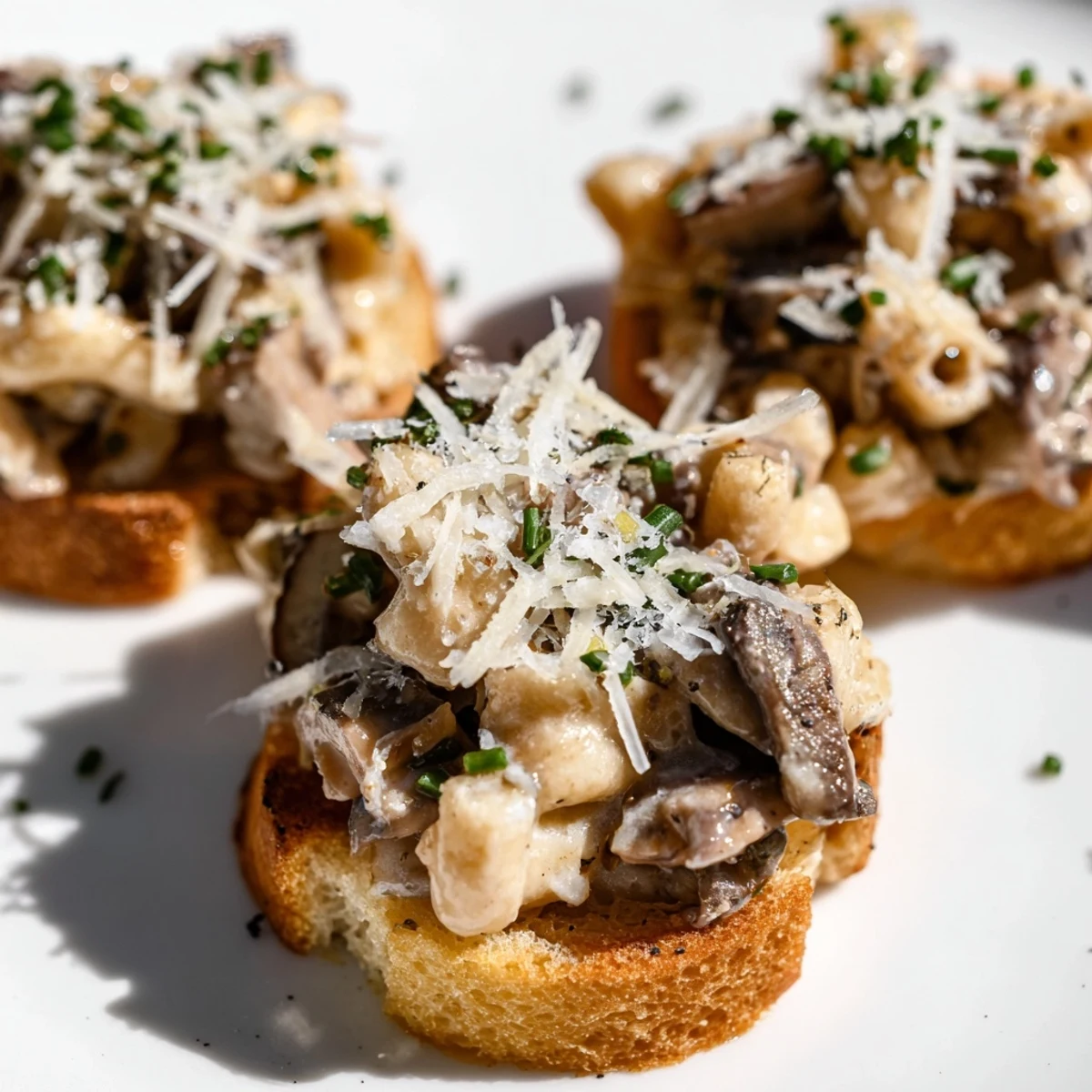 Crisp baguette slices loaded with rich truffled mushroom mac for elegant gatherings.