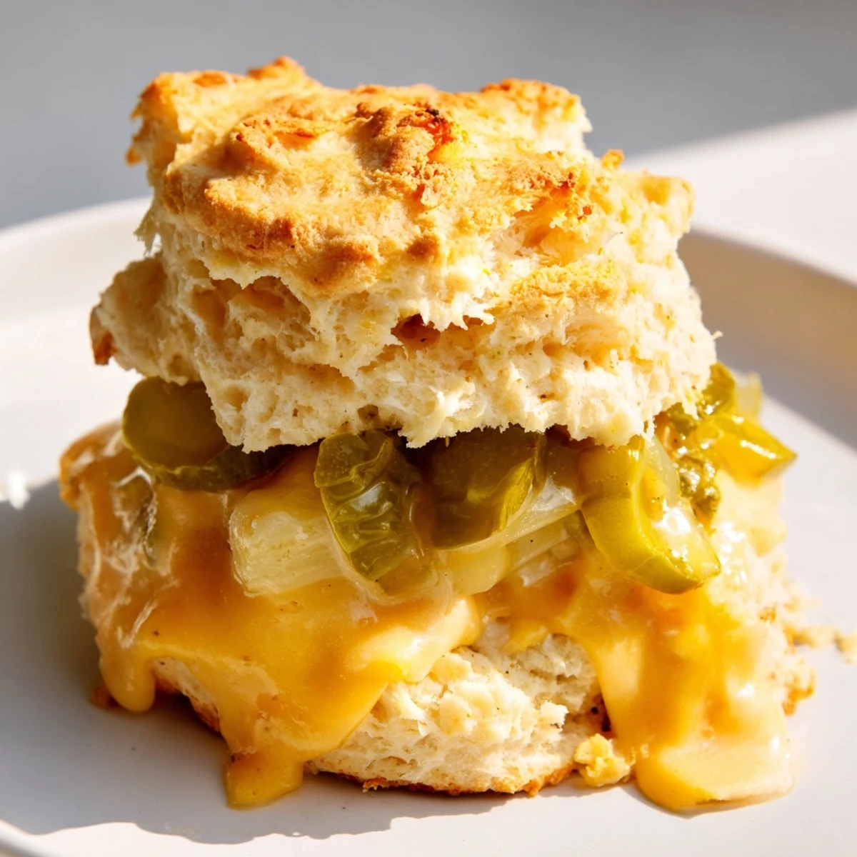 Savory Cheesy Pickle Stuffed Biscuits topped with garlic butter, ideal for snacking or appetizers.