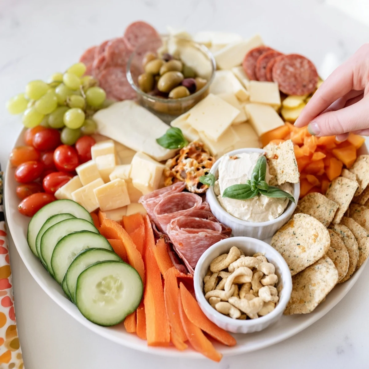 Delightful Girl Dinner Platter featuring vibrant veggies, cheeses, and tasty spreads.  