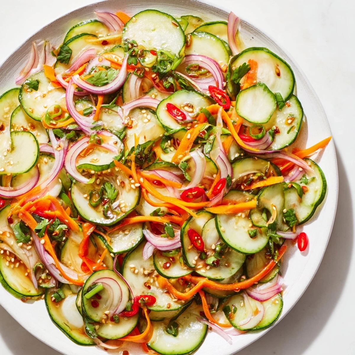 Refreshing cucumber salad remix drizzled with tangy sesame oil and fish sauce.  