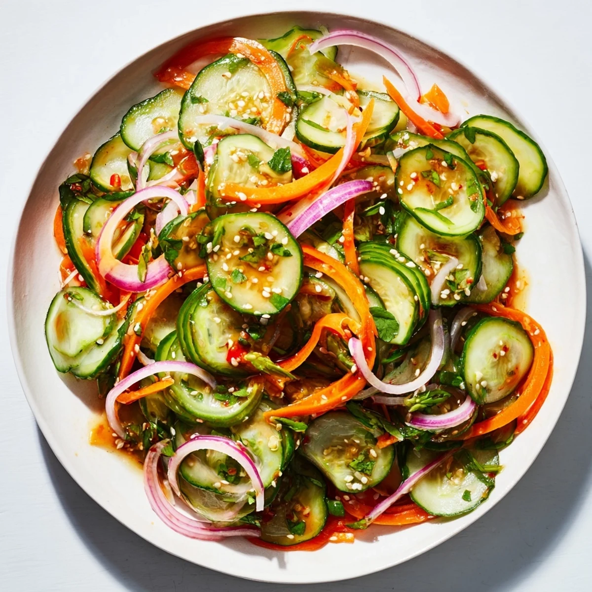 Vibrant cucumber salad remix garnished with sesame seeds and fresh cilantro.  