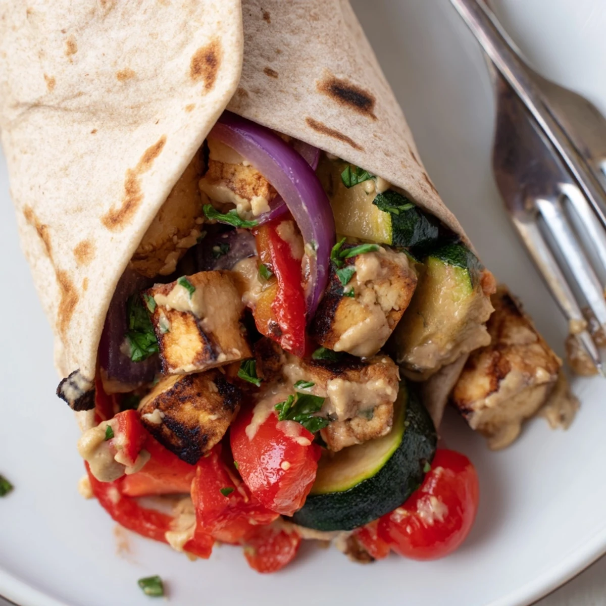 Close-up of a vibrant Vegan Viral Recipe Re-make, drizzled with creamy tahini sauce.  