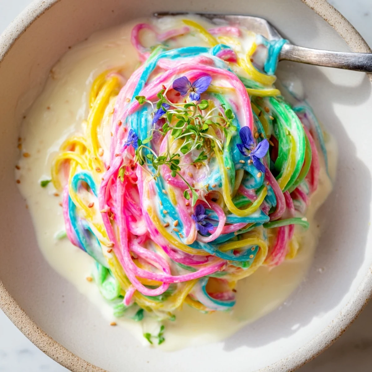 Whimsical Neon Noodle Cloud topped with green scallions and edible flowers for a cheerful presentation.