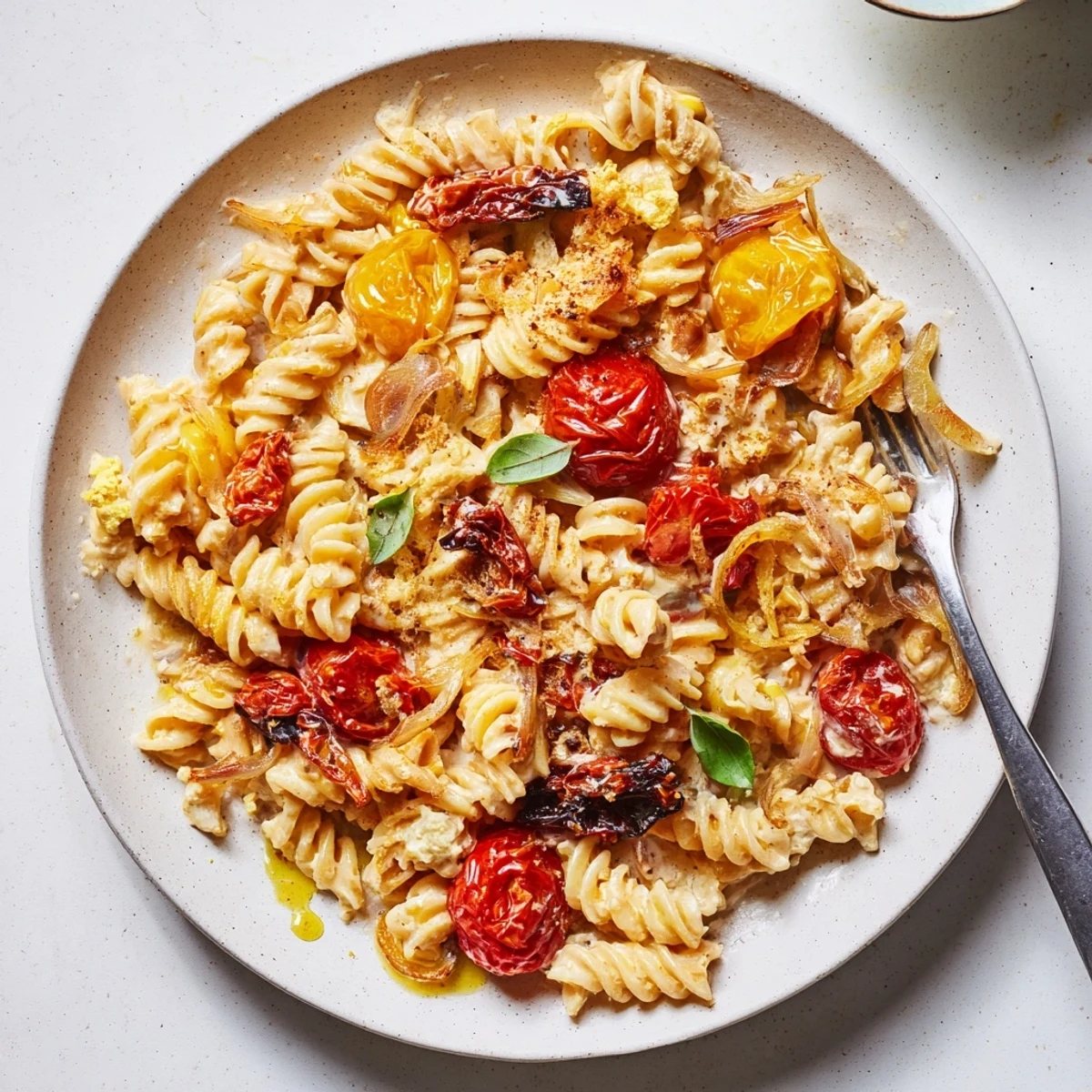 Golden feta cheese melts among rich tomatoes in a baked feta pasta dish.