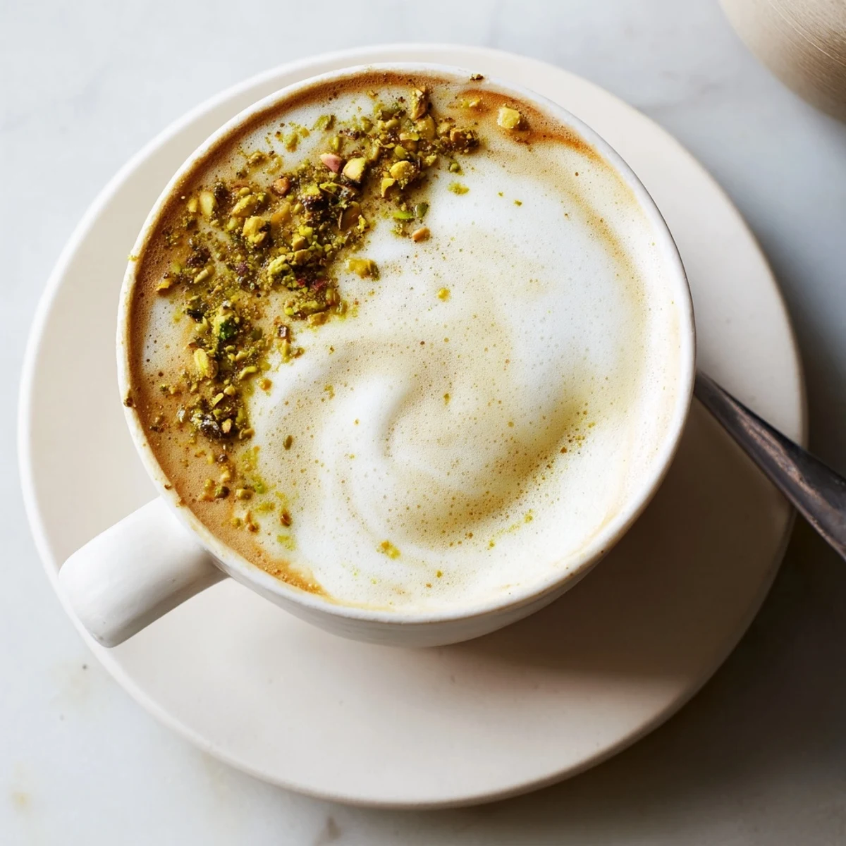 Homemade pistachio milk latte served in a warm cup, perfect for cozy afternoons.  