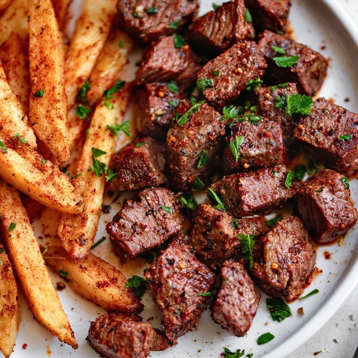 Juicy blackened Cajun steak bites topped with fresh parsley and paired with fries.