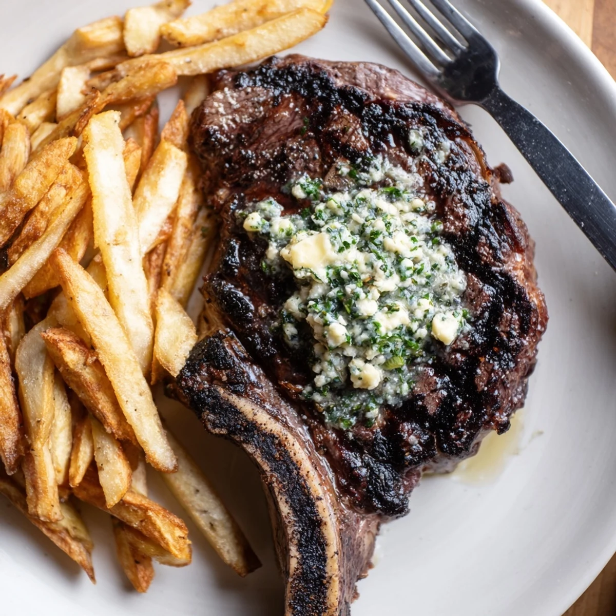 Succulent garlic butter steak garnished with fresh herbs, served alongside crispy fries.  