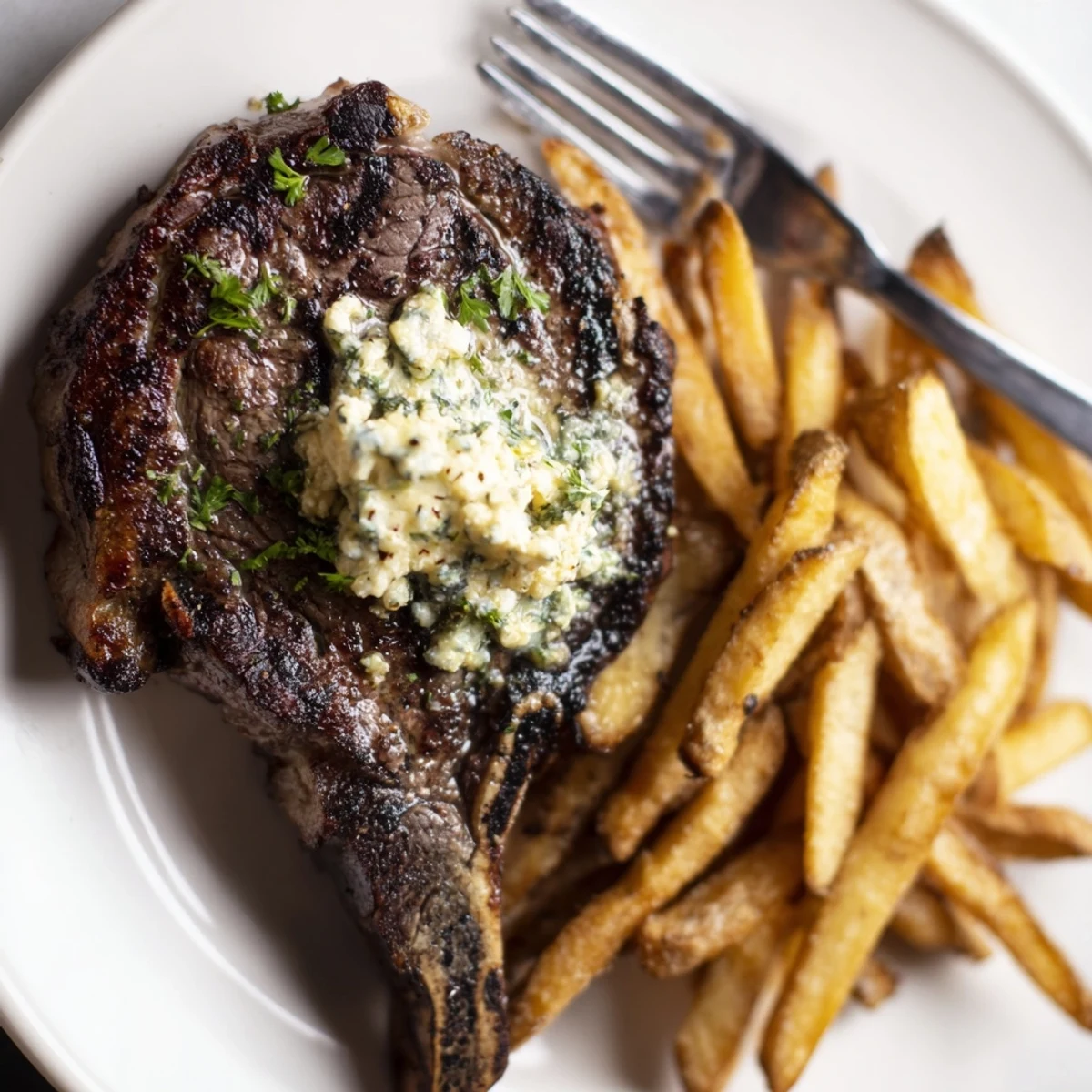 Delicious garlic butter steak resting on a plate, accompanied by golden, crispy fries.