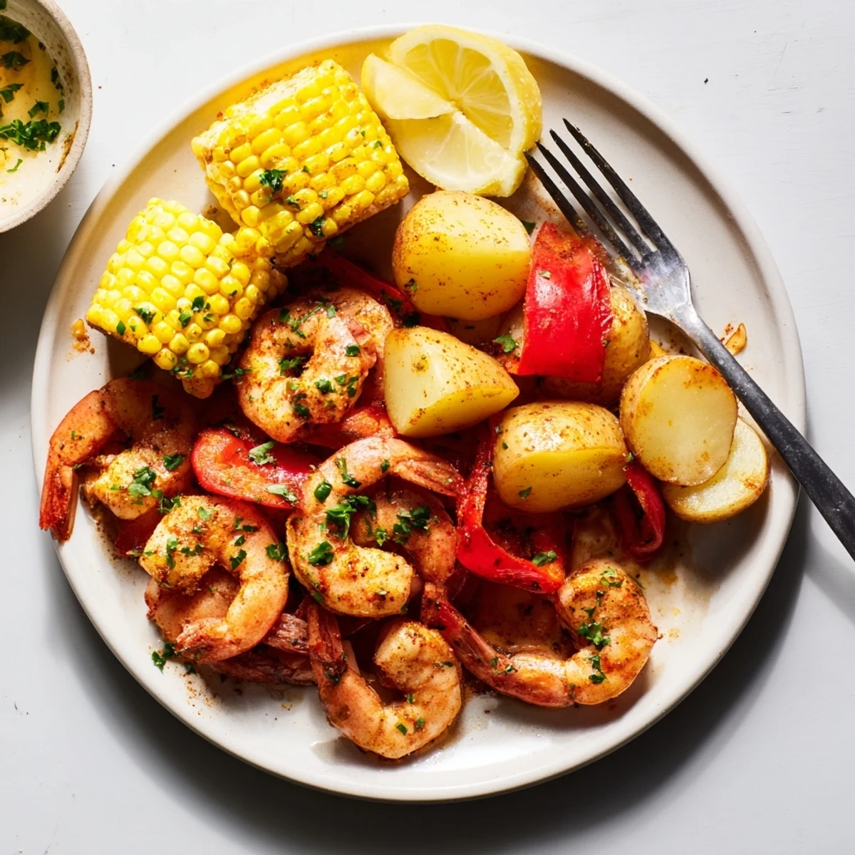 Spicy Cajun shrimp and sweet corn platter served with buttery roasted potatoes.  