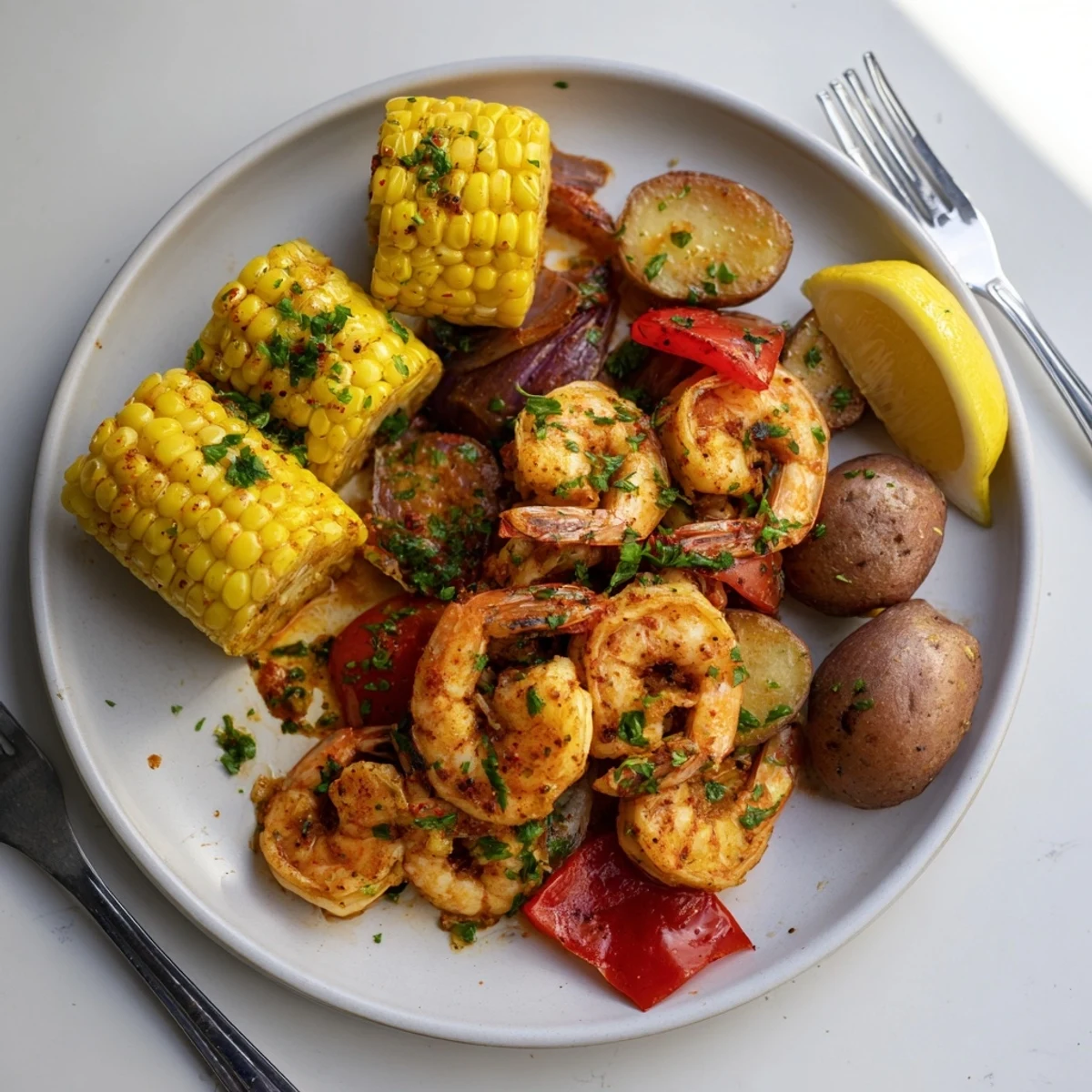 Zesty Cajun shrimp paired with sweet corn, colorful bell pepper, and vibrant herbs.  