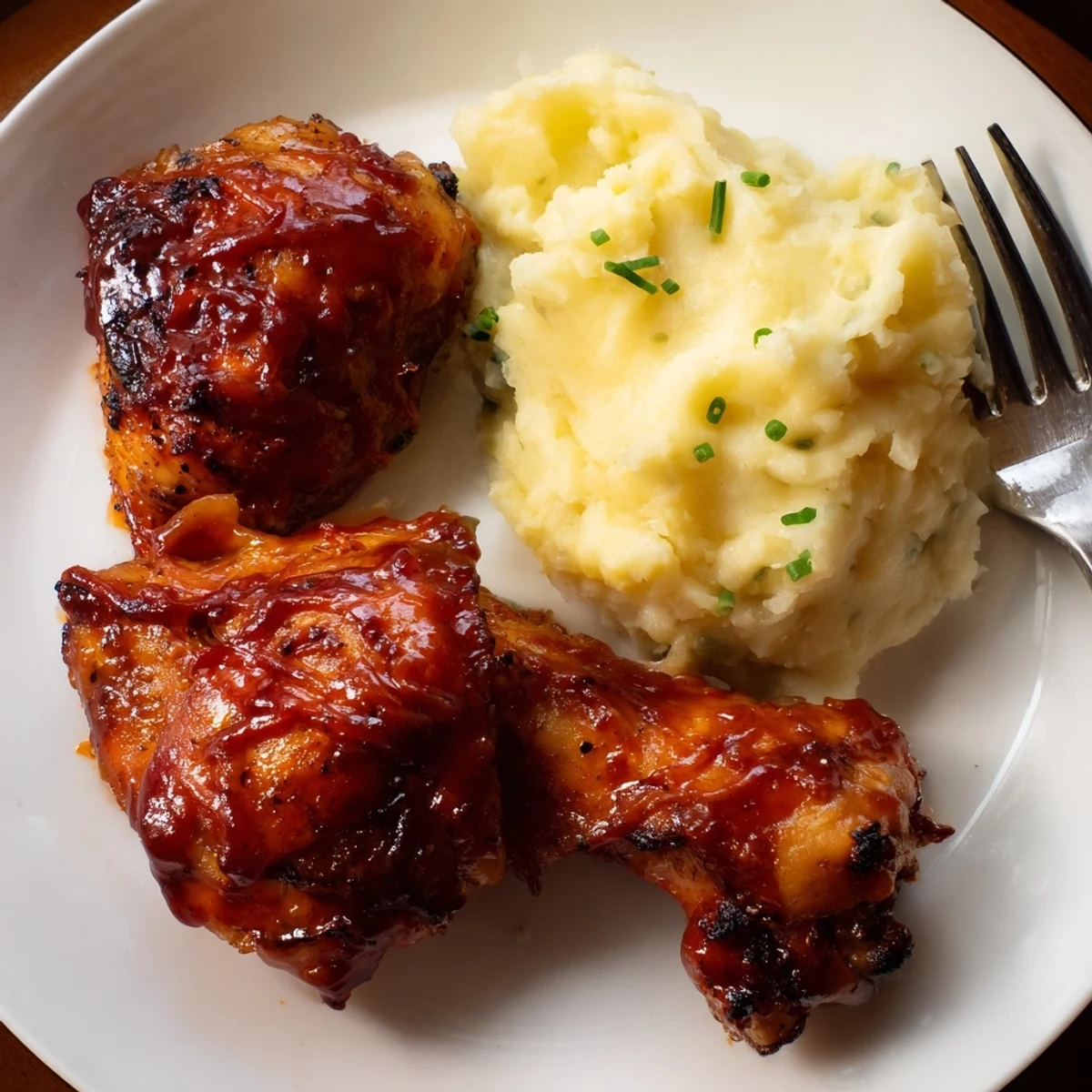 Succulent honey BBQ chicken thighs served with creamy, garlic-infused mashed potatoes.