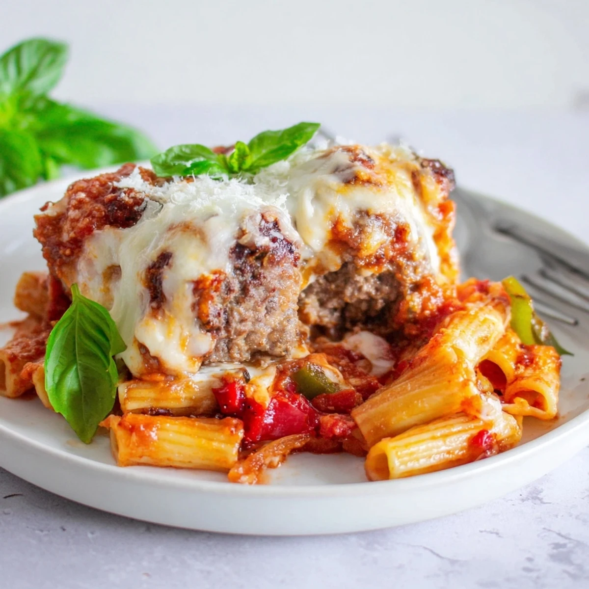 A mouthwatering Italian Meatball Pasta Skillet topped with melted cheese and fresh basil.  