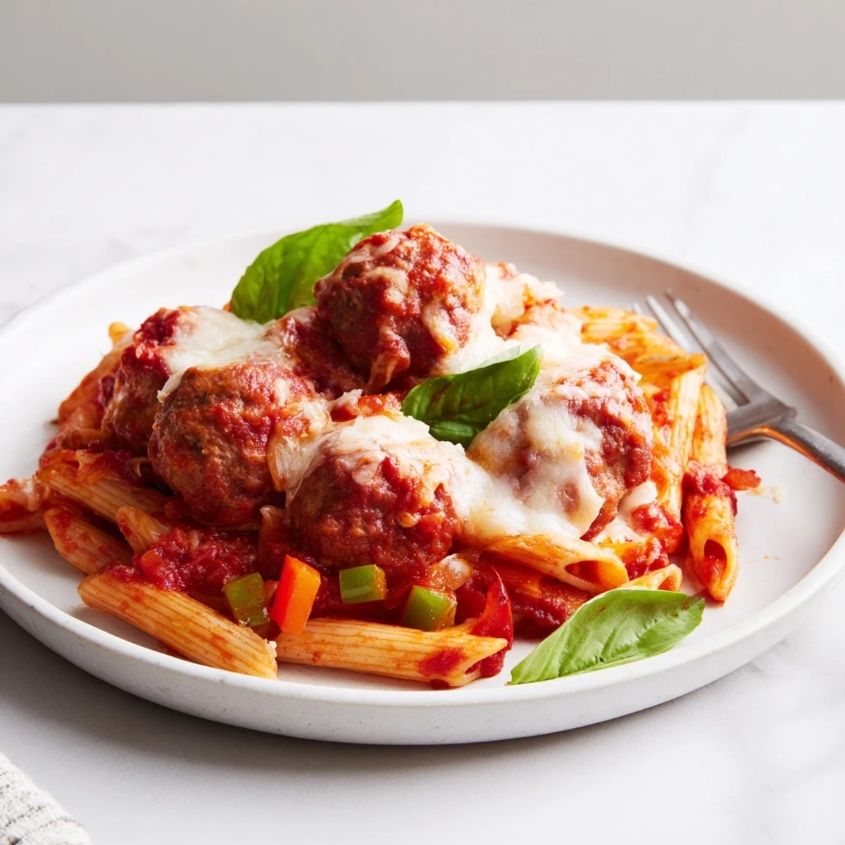 Comforting Italian Meatball Pasta Skillet simmered in rich tomato sauce and pasta.  
