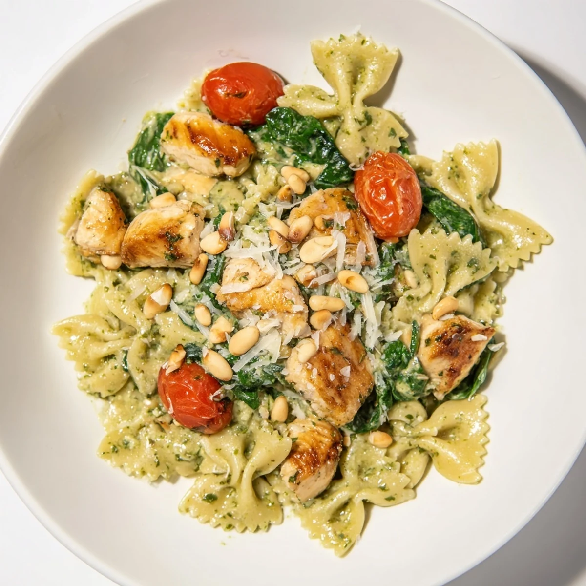 Vibrant Pesto Chicken Bowtie Pasta topped with fresh basil and toasted pine nuts.