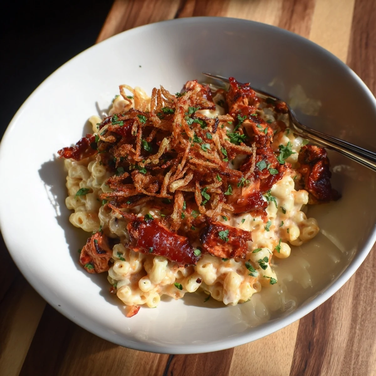 Creamy One-Pot Honey BBQ Chicken Mac and Cheese bursting with melted cheese and smoky flavors.  