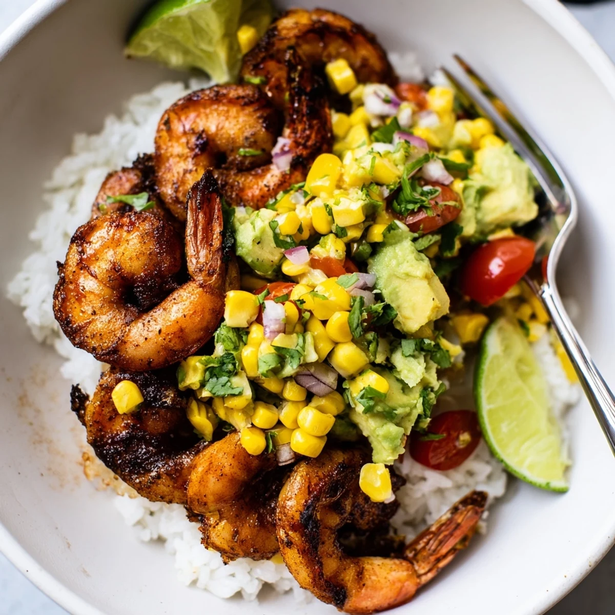Vibrant Blackened Shrimp Bowl with Avocado Corn Salsa, topped with fresh cilantro and lime.  