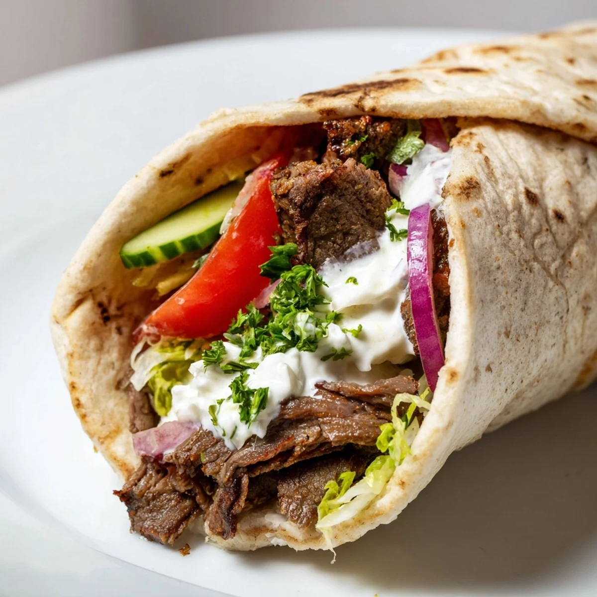 Tender beef shawarma wraps with yogurt sauce, fresh veggies, and warm flatbread.  