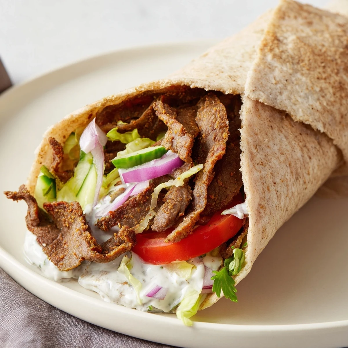 Delicious beef shawarma wraps drizzled with creamy yogurt sauce and vibrant vegetables.  