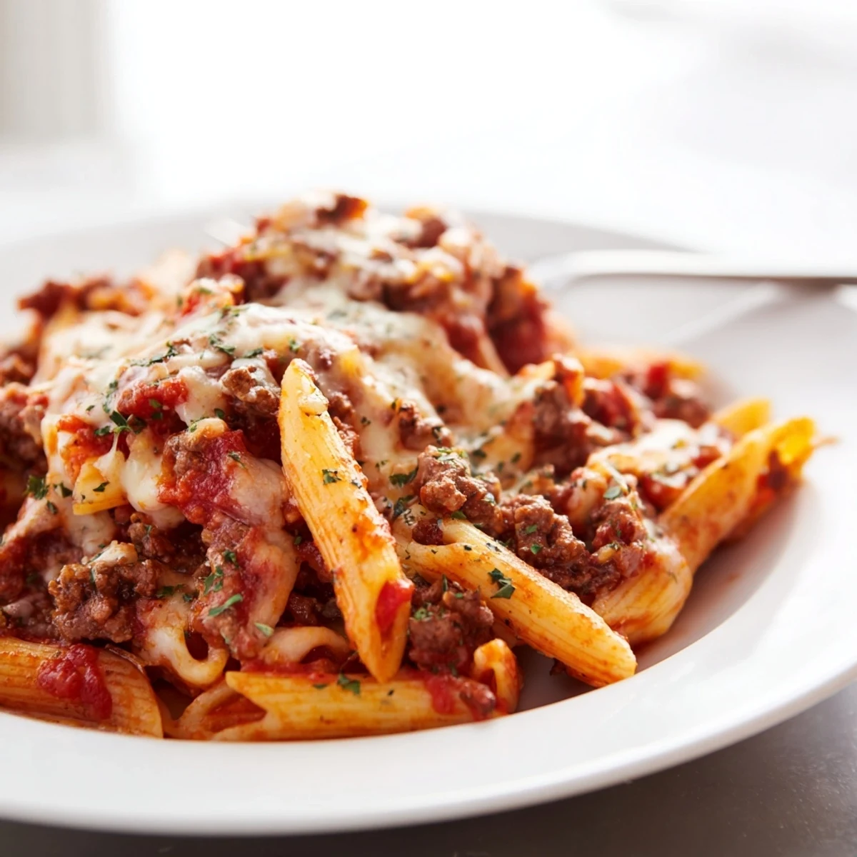 A creamy Cheesy Beef & Penne Bake with melting cheese and savory meat layers.  