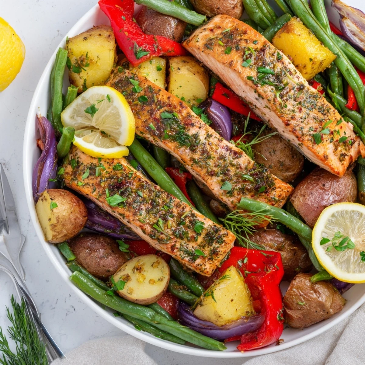 Tender salmon fillets alongside colorful veggies, drizzled with zesty lemon butter.