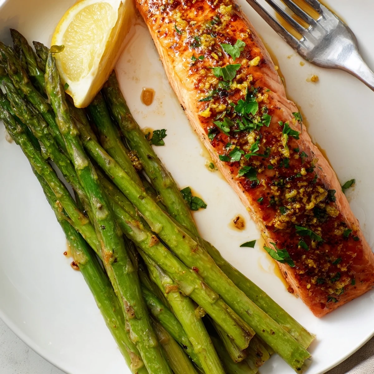 Oven-roasted Sweet Maple Lemon Salmon with Asparagus shines with vibrant colors and flavors.
