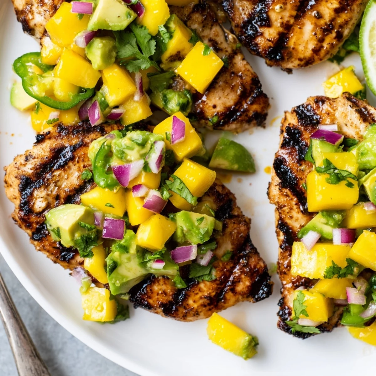 Delicious spicy mango & avocado salsa over grilled chicken, bursting with fresh flavors.  
