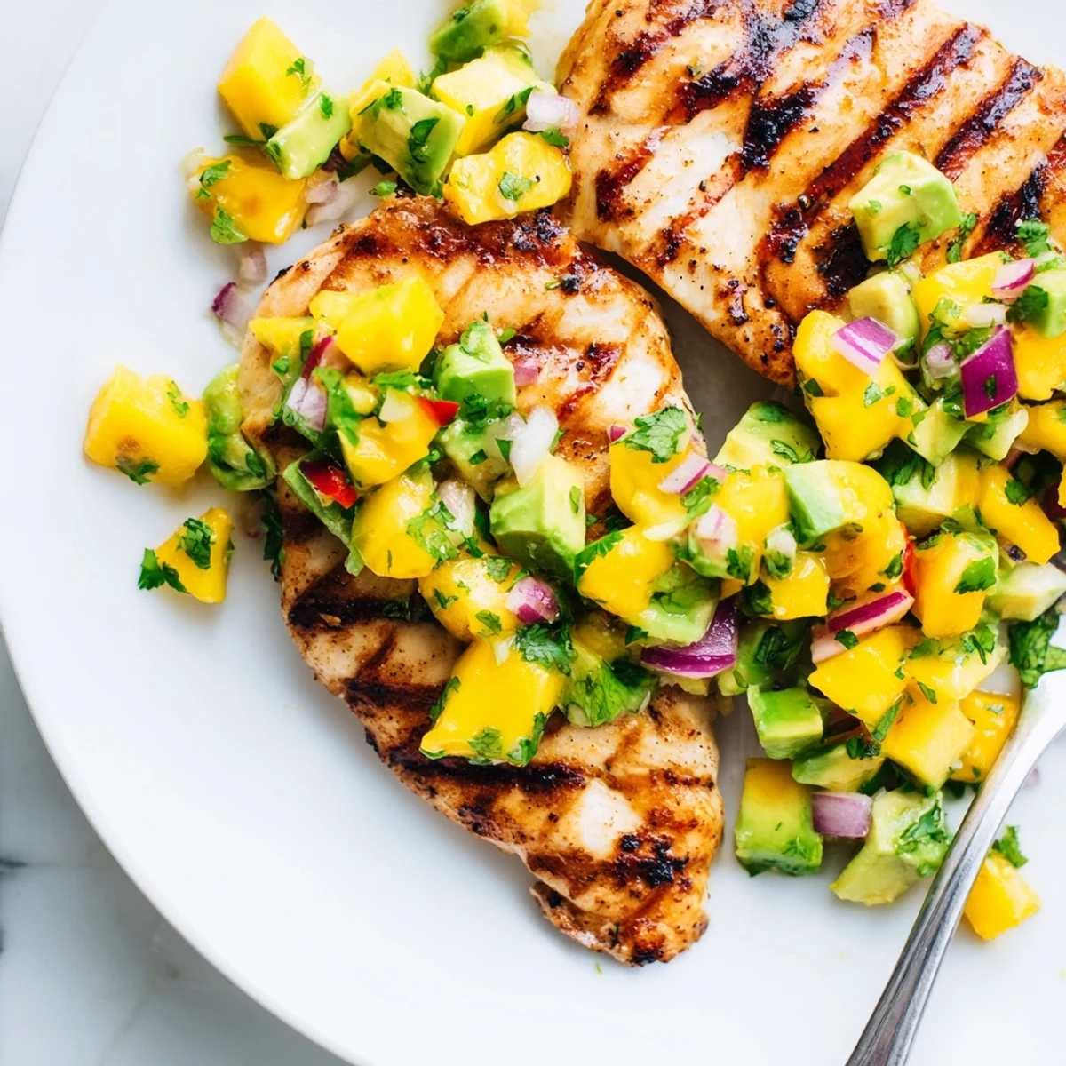 Juicy grilled chicken with spicy mango & avocado salsa, perfect for summer dinners.  