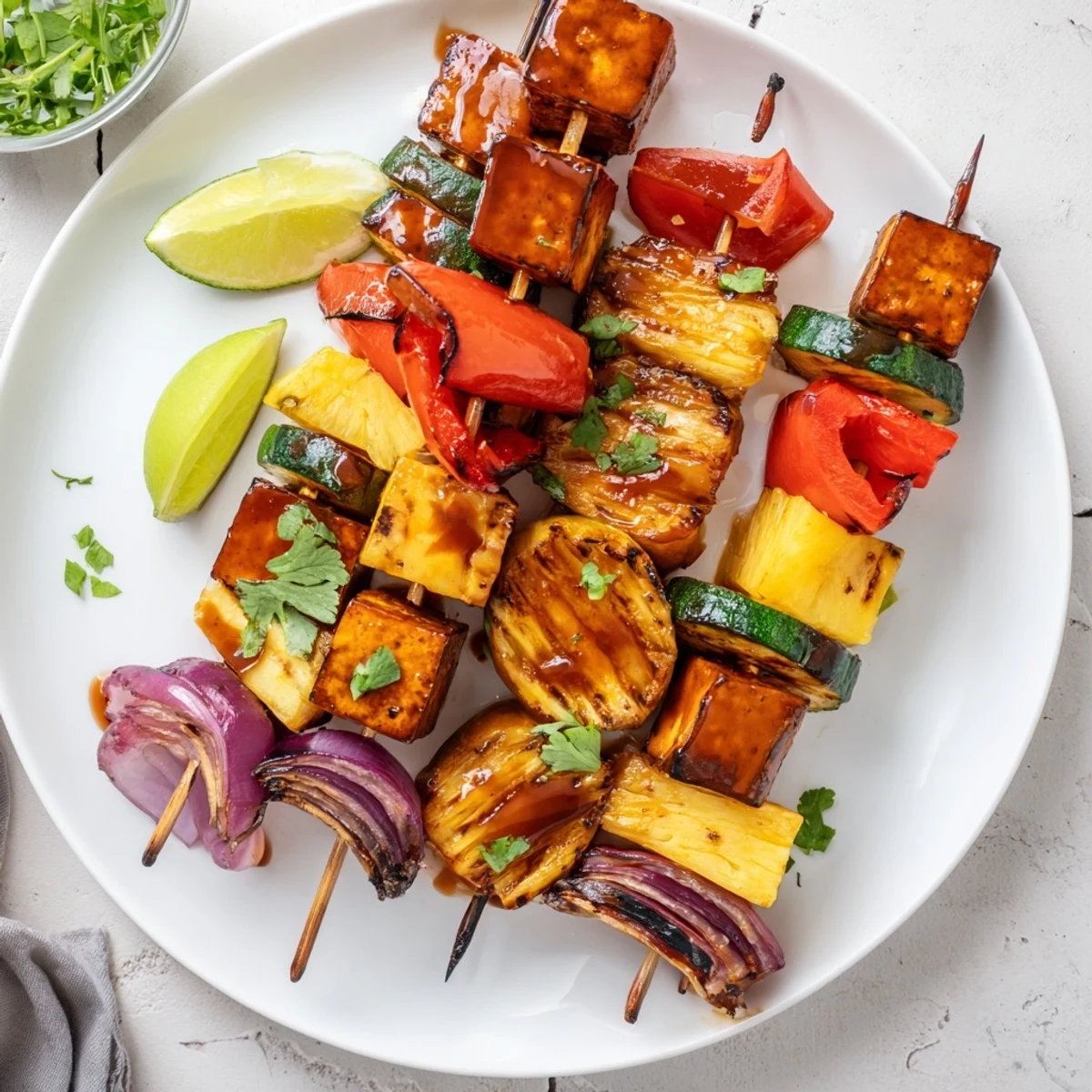 Juicy BBQ tofu and pineapple skewers grilled to perfection with vibrant veggies.  