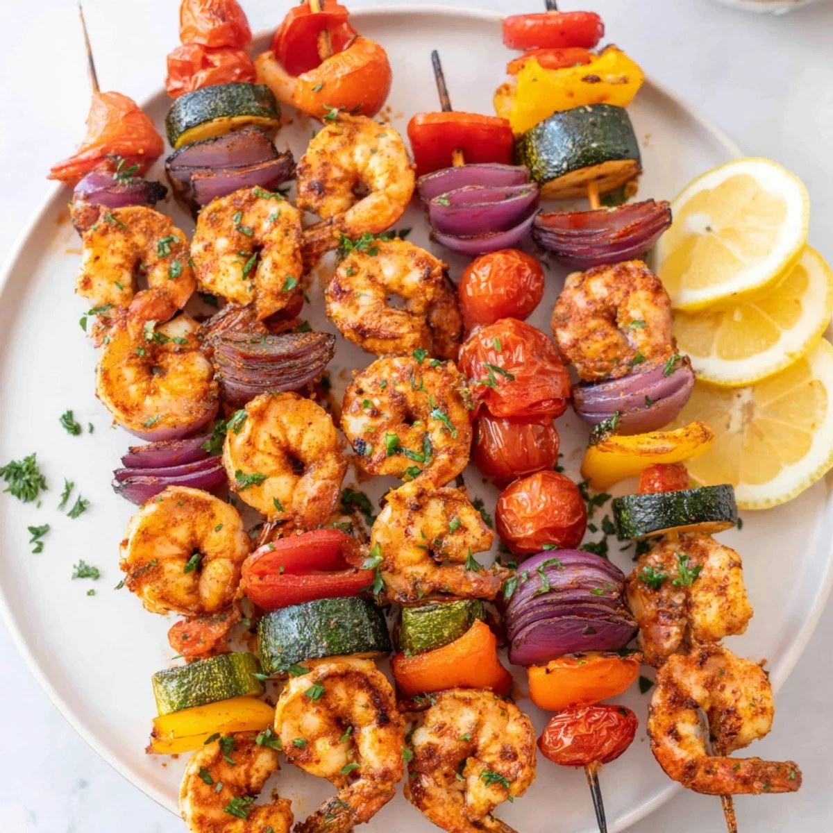 Juicy Zesty Cajun Shrimp & Veggie Skewers served with fresh lemon wedges.  