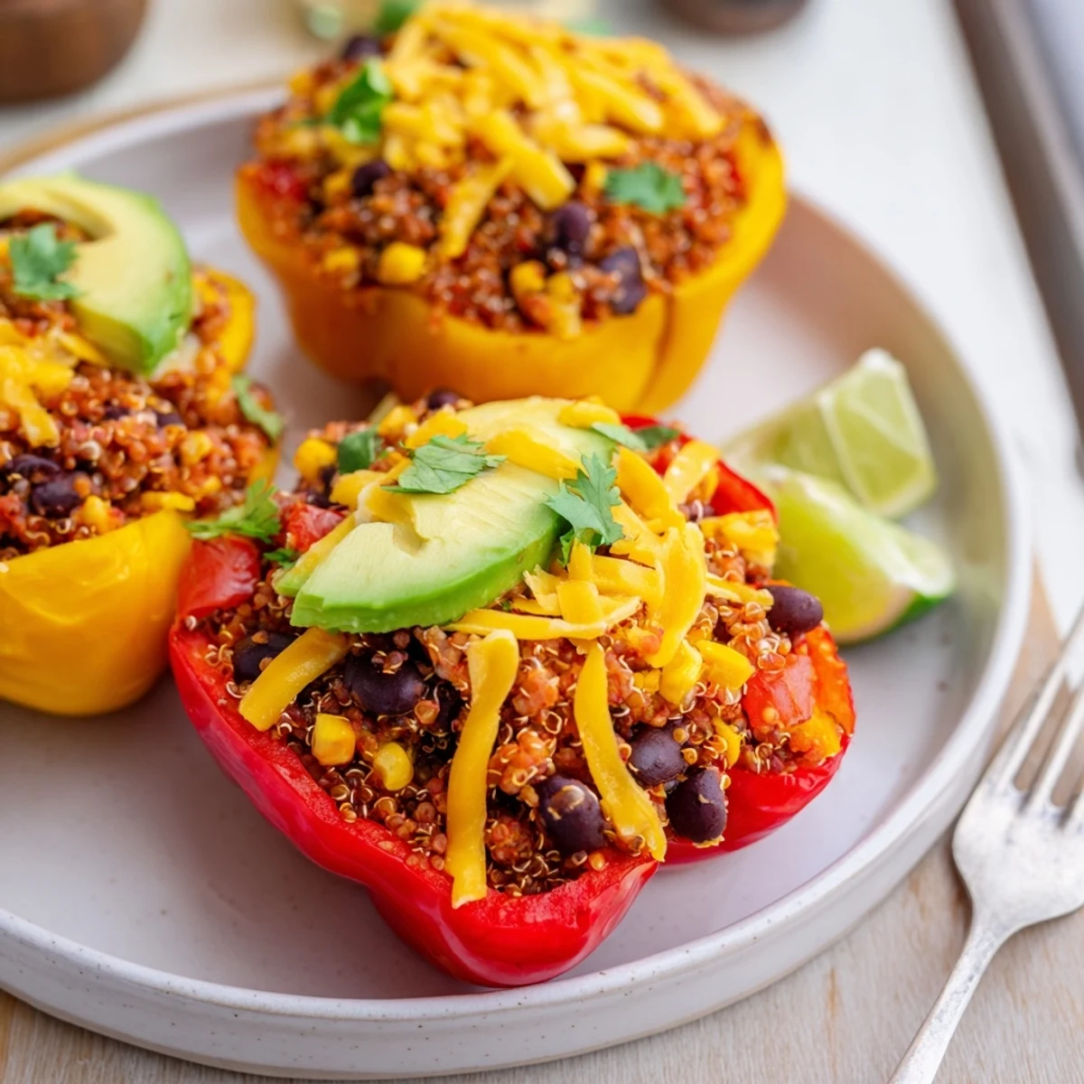 Colorful black bean and quinoa stuffed peppers, baked until bubbly and golden.  